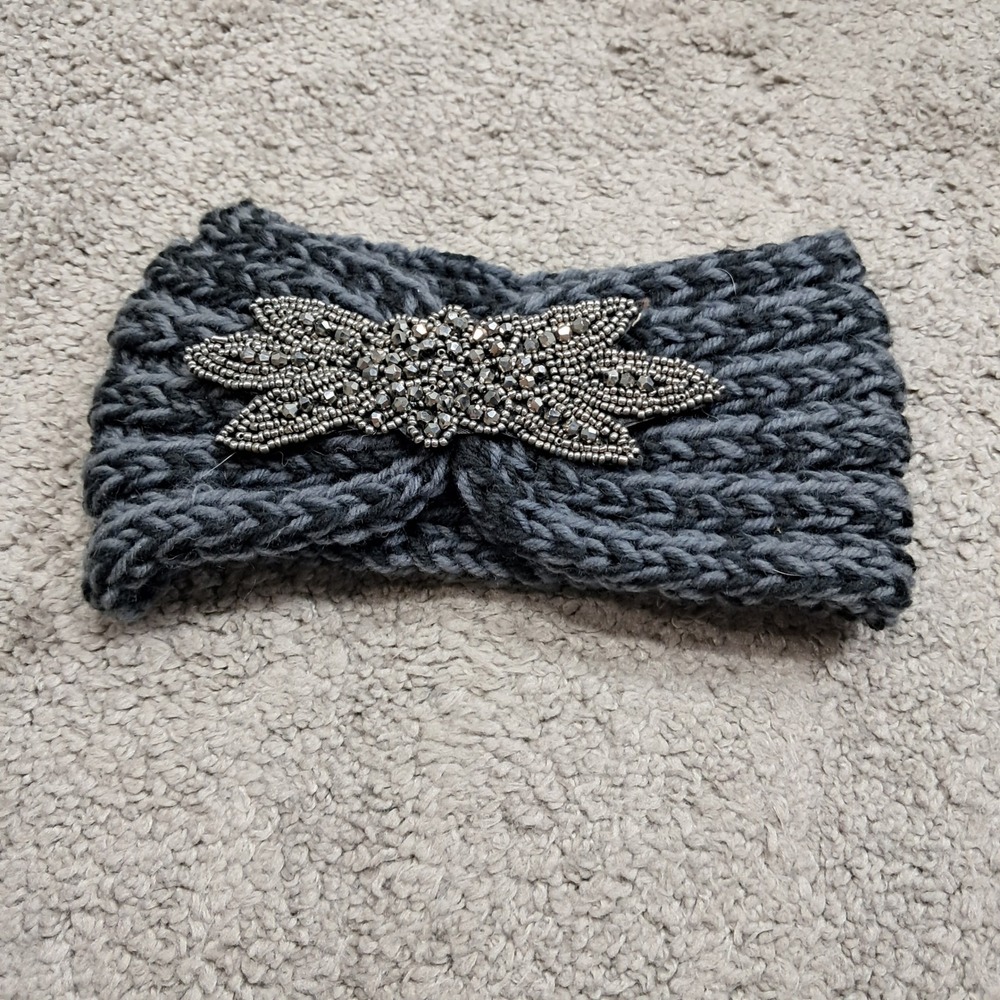 Charcoal Gray‎ Chunky Knit Twisted Headband Beaded Applique Ear Warmer H55
